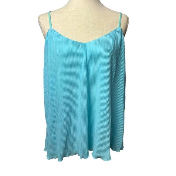 White House black market solid Blue sleeveless spaghetti strap ruffles blouse L - Picture 2 of 12